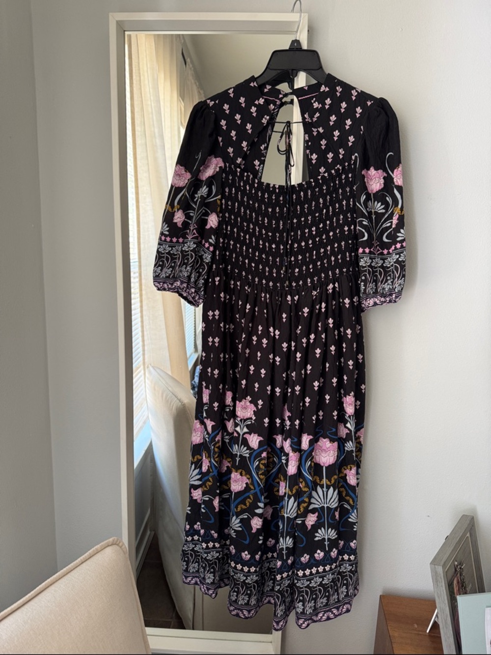 Anthropologie Black Midi Dress with Pink Floral Border
